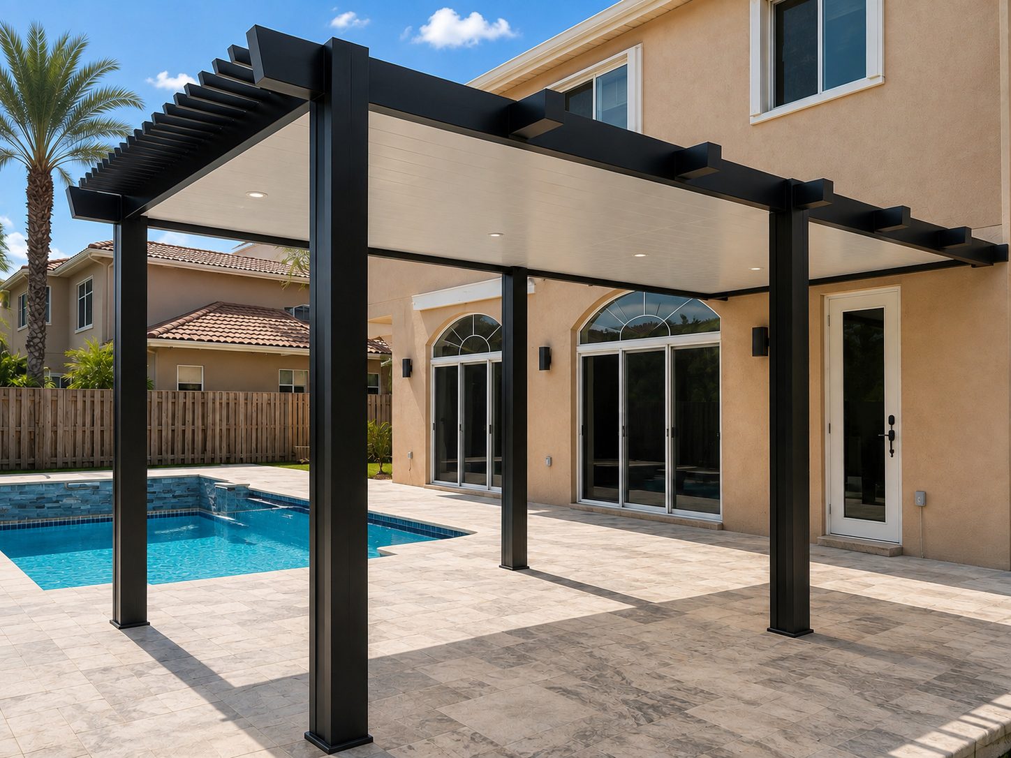 Black aluminum patio cover with rafter tails attached to a home along a pool deck