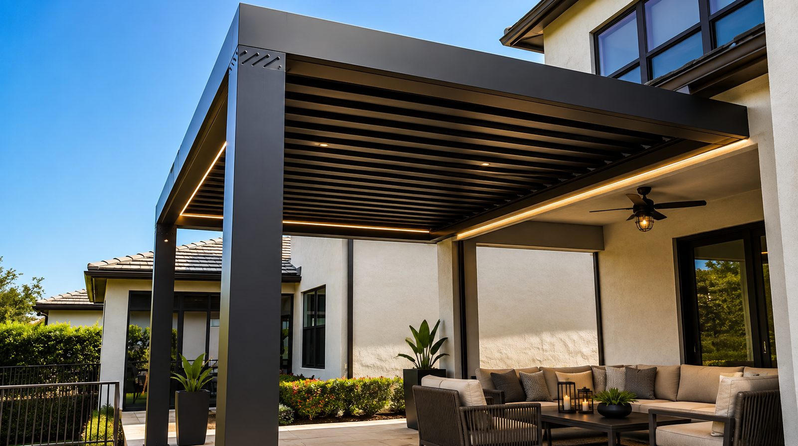 Modern black louvered aluminum pergola with LED strip lighting attached to a home over a seating area