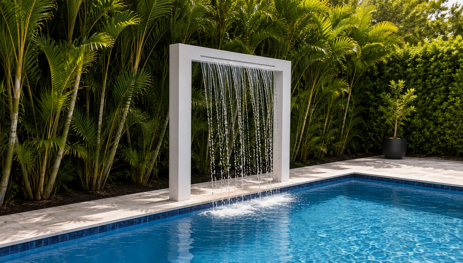 White aluminum frame water feature beside a pool with tropical planting behind it