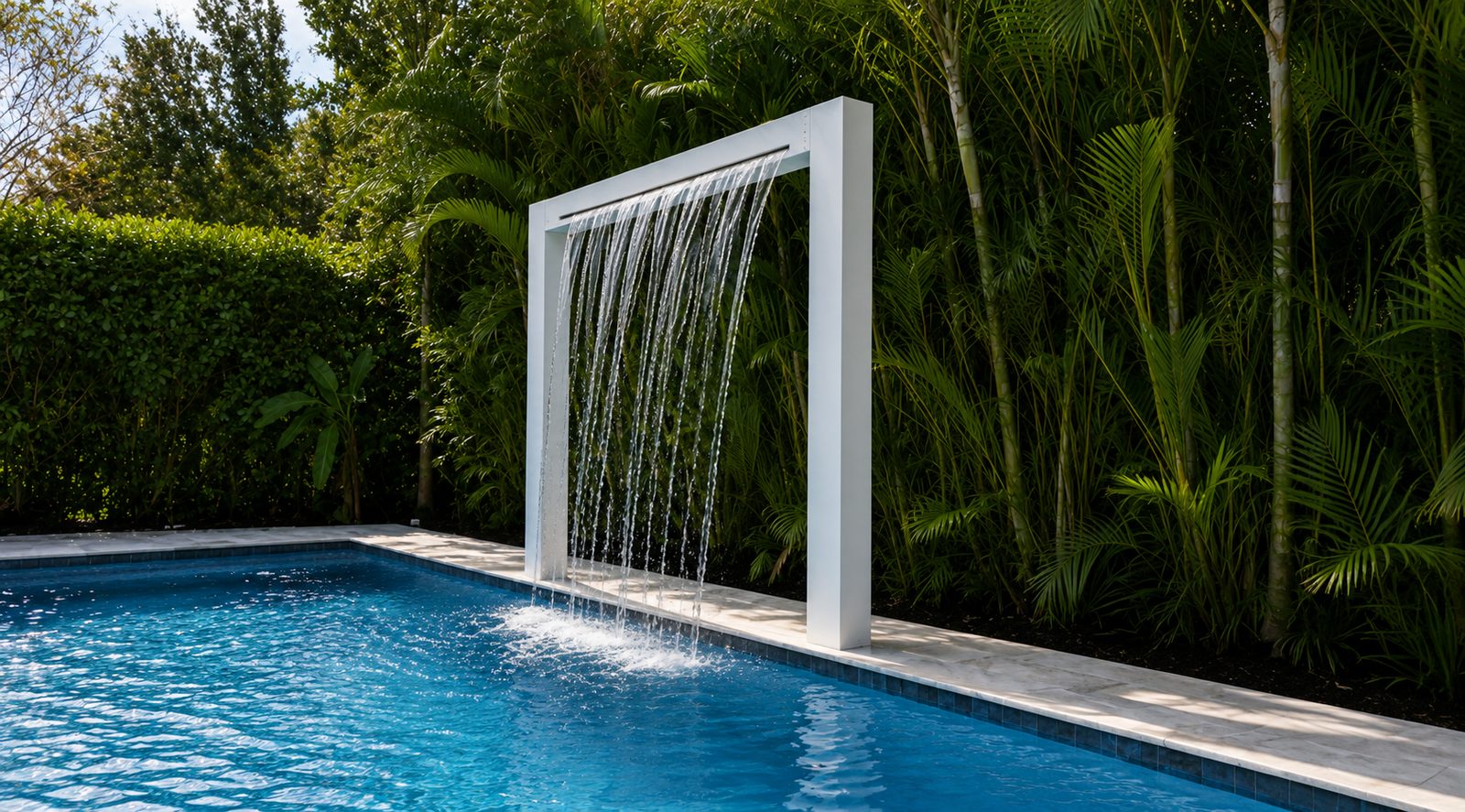 White aluminum frame water feature pouring into a pool surrounded by palms