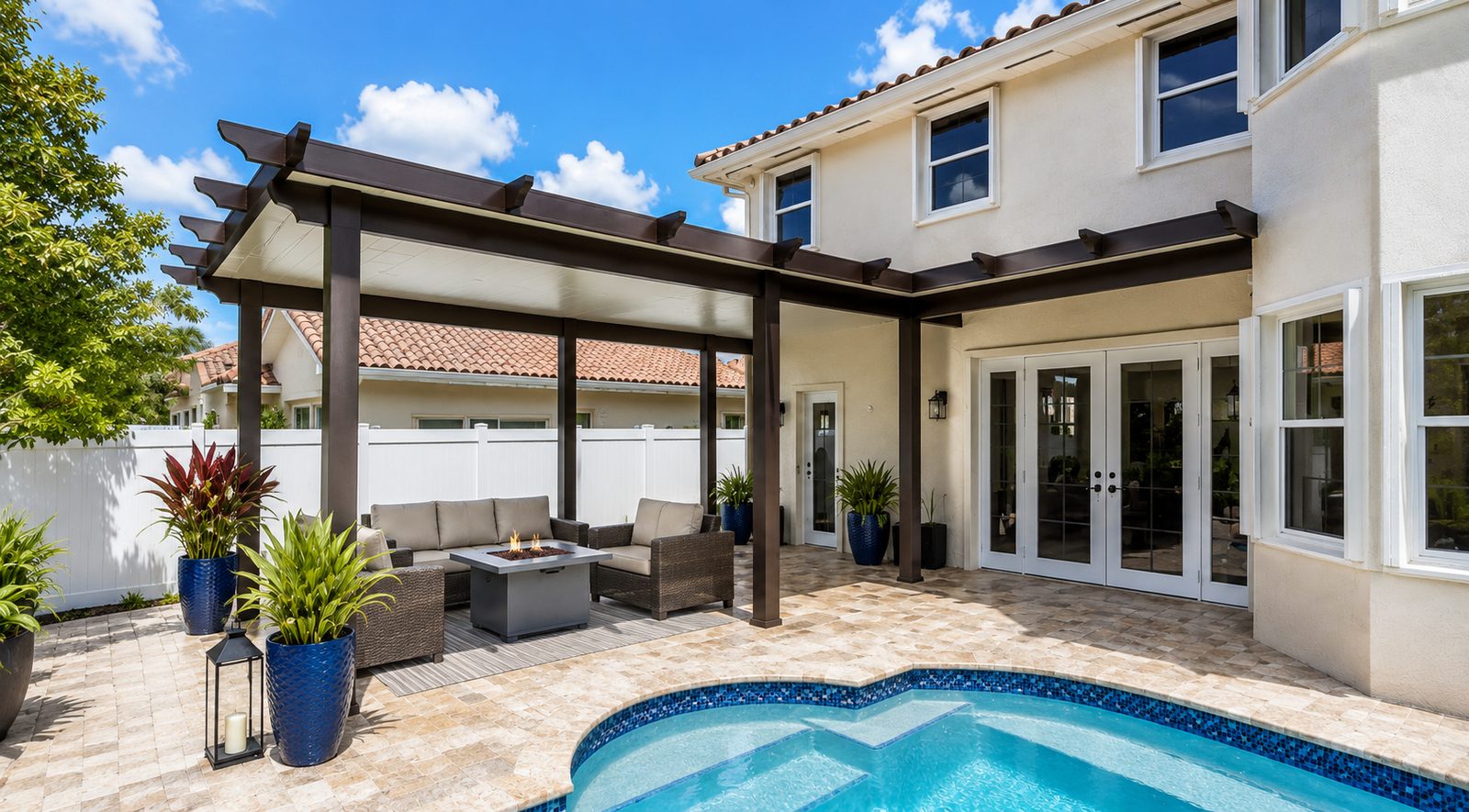 Bronze aluminum patio cover with decorative rafter tails wrapping around a courtyard patio beside a spa